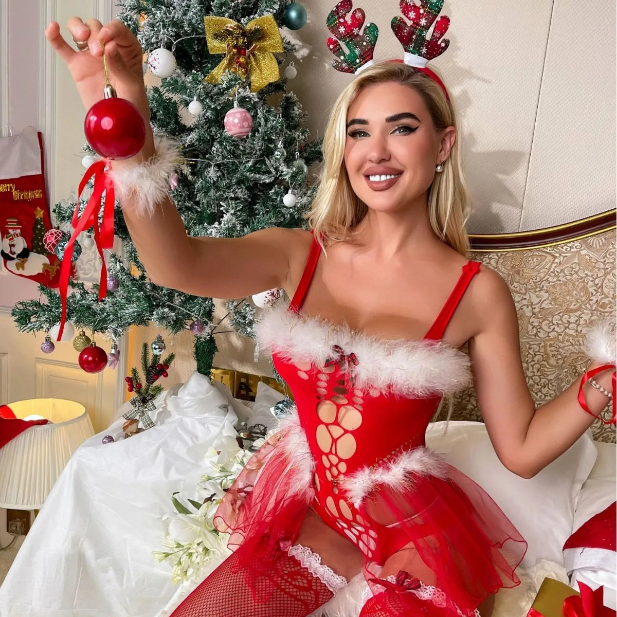 Fotos de lencería transparente con temática navideña, vestido de body de rejilla de nailon de alta elasticidad, lencería sexy de cuello de piel para niñas