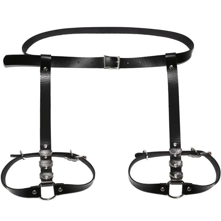Adjustable women's punk leather suspender cage belt and bondage garter belt