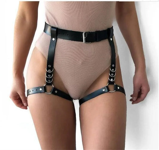 Adjustable women's punk leather suspender cage belt and bondage garter belt