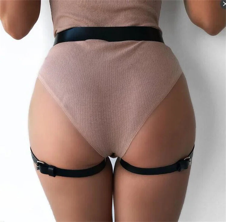 Adjustable women's punk leather suspender cage belt and bondage garter belt