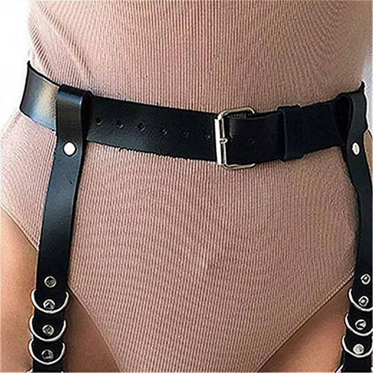 Adjustable women's punk leather suspender cage belt and bondage garter belt