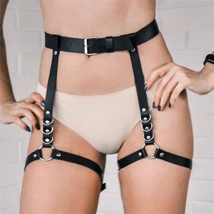 Adjustable women's punk leather suspender cage belt and bondage garter belt