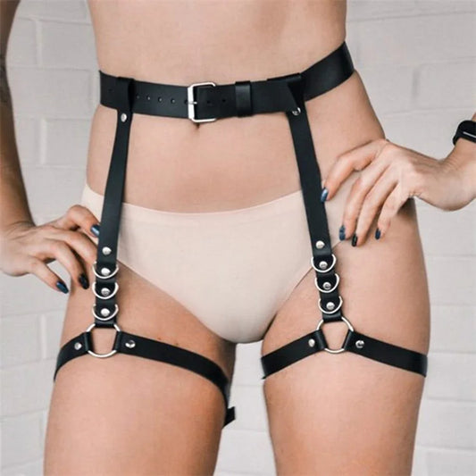 Adjustable women's punk leather suspender cage belt and bondage garter belt