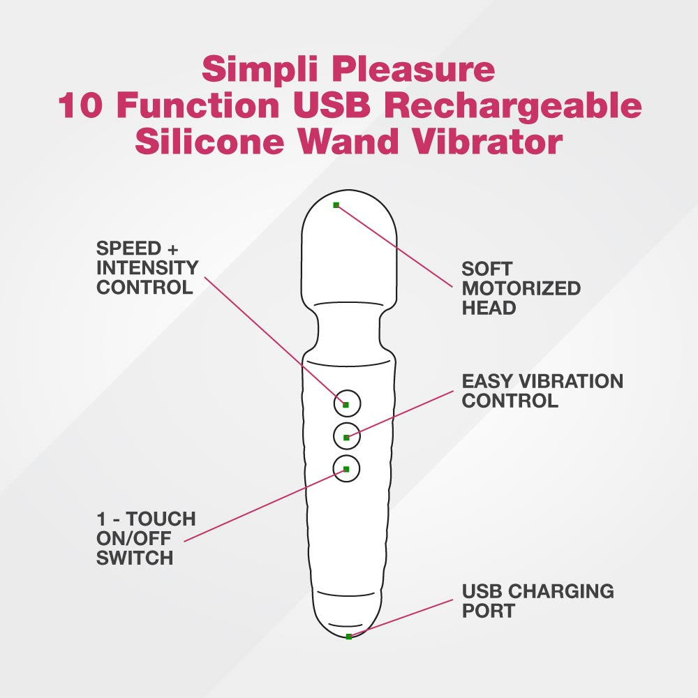 Simpli Pleasure 10 Function USB Rechargeable Silicone Wand Vibrator