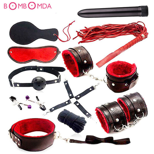 Sex shop Dildo Vibrador bala con conjunto Bondage esposas y látigo juguetes sexuales para vagina femenina bienes íntimos juguetes sexuales para adultos